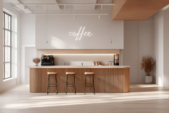 Modern, minimalist cafe interior, featuring a light wood bar with stools, natural light, and a "coffee" sign