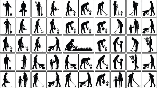 Big collection of black vector gardening silhouettes including men women and children planting watering and landscaping isolated on white background for outdoor graphic design