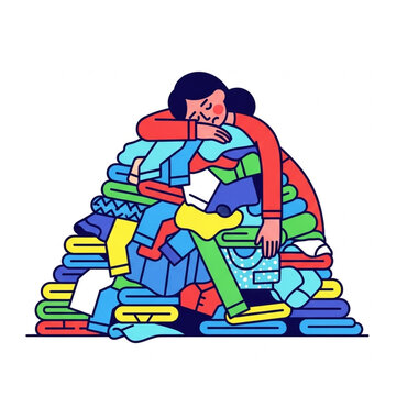 Overwhelmed by a massive pile of laundry, a woman slumps over the clothes, symbolizing exhaustion and the never-ending chore of domestic tasks