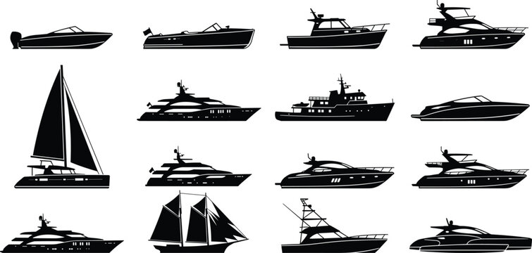 Big collection of detailed black vector boat and ship silhouettes including luxury yachts sailboats and speedboats isolated on white background for marine graphic design