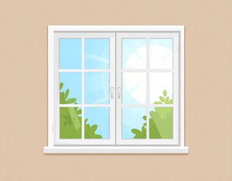 A simple, flat illustration of a double-hung window with a light beige wall and lush greenery outside