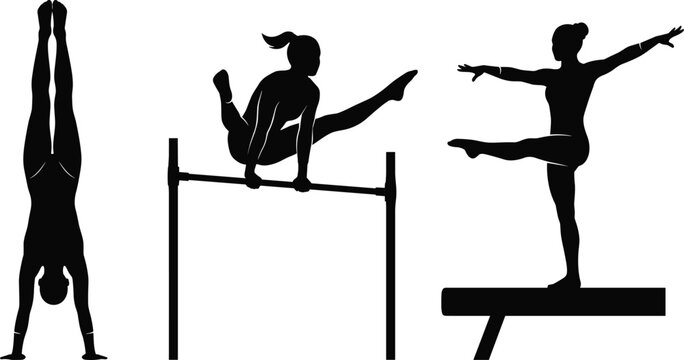 Collection of three detailed black vector female gymnast silhouettes including back handstand horizontal bar straddle and balance beam isolated on white for sports design