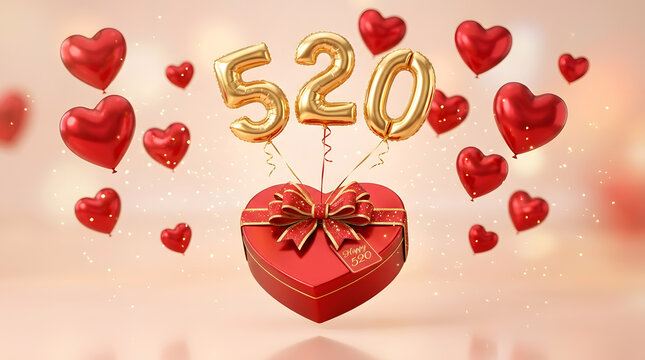 Vibrant 3D illustration of heart-shaped gift box with floating 520 balloons and romantic elements. Ideal for Valentine promotions, celebration visuals, advertising, and love-themed campaigns.