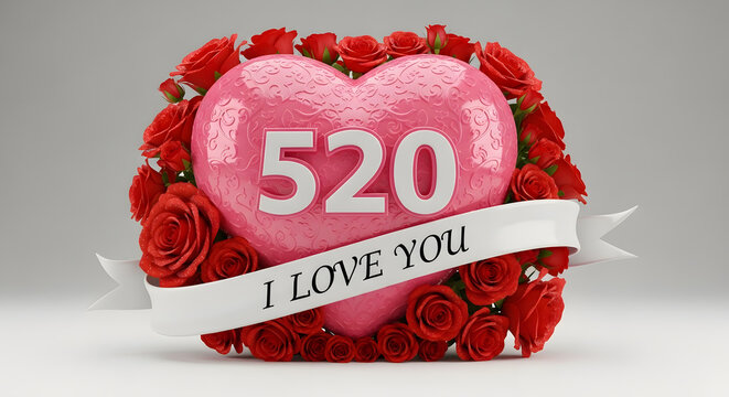 High-quality 3D render of a pink heart with bold 520 typography, decorated with realistic roses and ribbon text. Perfect for romantic promotions, Valentine visuals, greeting cards, and love-themed bra