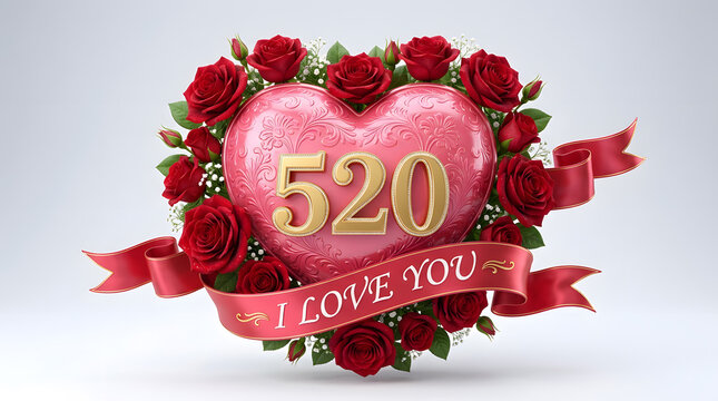 High-quality 3D render of a pink heart with bold 520 typography, decorated with realistic roses and ribbon text. Perfect for romantic promotions, Valentine visuals, greeting cards, and love-themed bra
