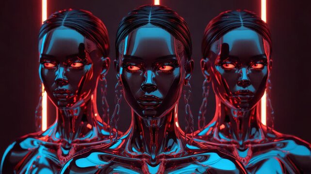 Futuristic chrome female android trio with reflective black chrome, neon lighting and glowing red
