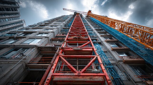 Towering construction crane against the backdrop of a cloudy sky overseeing a building under