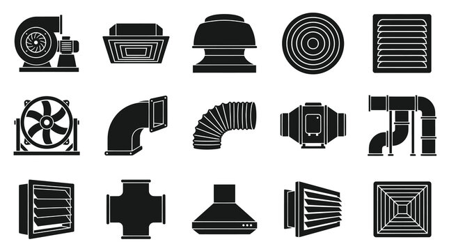 HVAC Ventilation System Black Glyph Icons Set - Air Conditioning Fans, Ducts  Vents