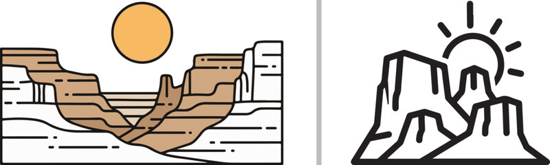 Minimalist desert canyon and mesa vector illustration set featuring grand canyon and monument valley landscape icons © Nur
