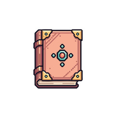 Fototapeta premium A pixel art style illustration of a magical pink tome with golden corner protectors and a central gemstone emblem on a white background.