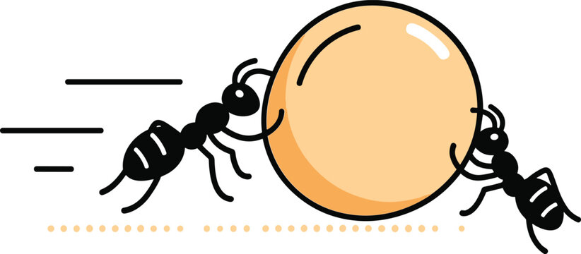 Ant teamwork vector illustration showing insects carrying large food object with cooperation, speed, and collective strength