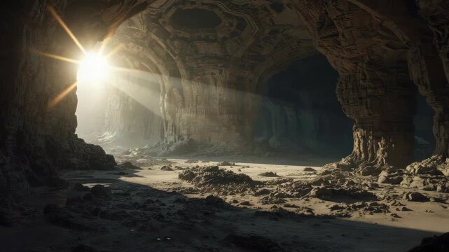 Sunlit cavern entrance rocky cave interior sunbeam lighting ancient sandstone arch atmospheric