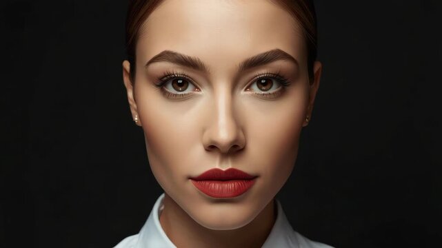 Elegant woman portrait closeup red lipstick white blouse confident gaze dramatic studio lighting