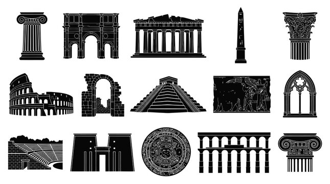 Ancient Historical Architecture Black  White Silhouette Glyphs Icon Set