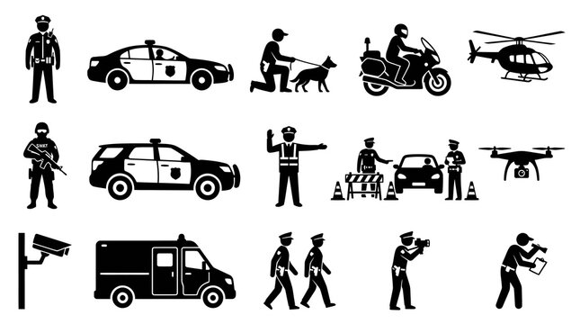 Police Law Enforcement Security Glyph Icons Set. Officers, Vehicles, Surveillance, and Investigation