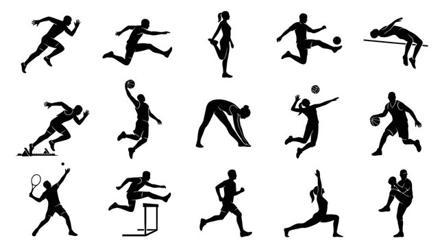 Athletes Sports Silhouettes Vector Icon Set - Diverse People in Various Athletic Poses