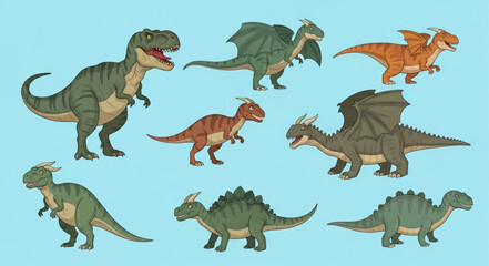 Collection of diverse cartoon dinosaurs in various poses. © Abah