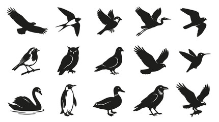 Obraz premium Nature Wildlife Bird Silhouettes Icon Set - Black and White Glyph Vector Collection