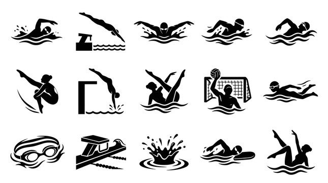 Black  White Icons: Swimming Sports - Swimmers, Divers, Water Polo, Synchronized Swimming, Goggles