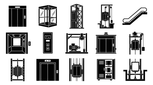 Black and White Icons of Elevators and Escalators, Industry Technology