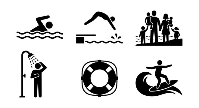 Swimming and beach icons set, 6 water sports vector pictograms, summer vacation symbols
