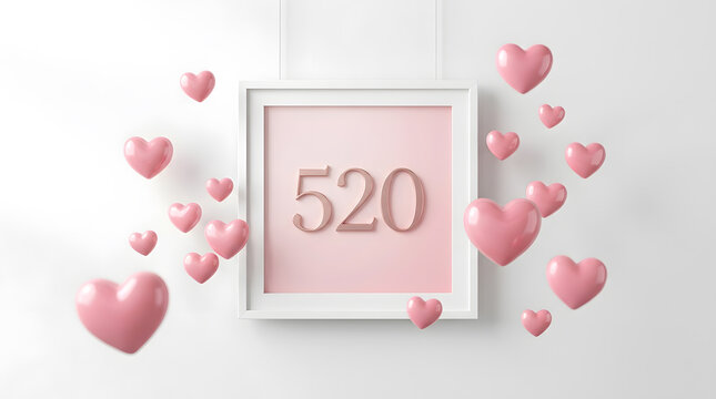 Clean and modern romantic background featuring a white frame, floating glossy hearts, and elegant 520 typography.