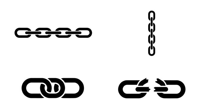 Black chain link icons, broken metal chain vector, industrial link set on white background