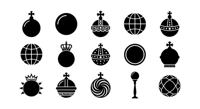 Royal globus cruciger icons, 15 black sovereign orb vectors, monarch regalia symbols