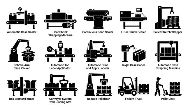 Packaging and Material Handling Industrial Automation Glyph Icons Set