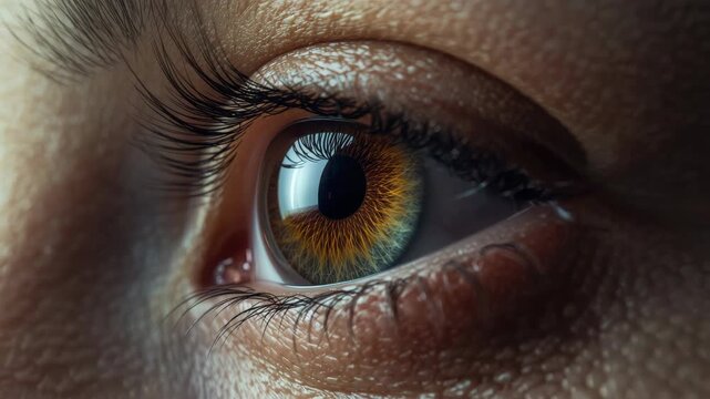 Close up brown eye with detailed iris, long eyelashes and textured eyelid skin, intimate vivid