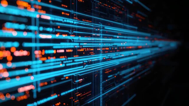 Neon blue data stream circuitry code glowing blue and orange digital trail