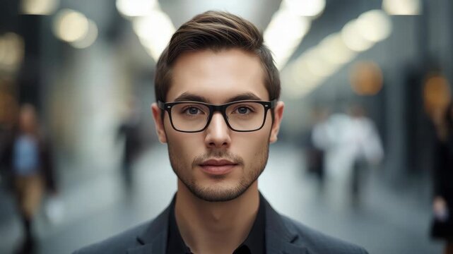 Young man wearing glasses and blazer walking through blurred city corridor confident stride