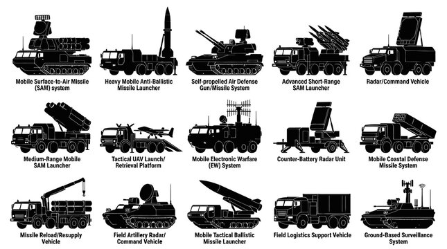 Military Weapon Systems: Black  White Vector Icons of Defense Technology