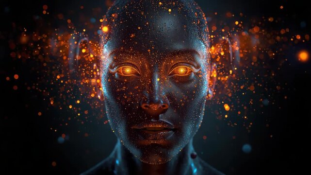 Futuristic portrait glowing eyes particles bokeh luminous humanoid face floating orange particles