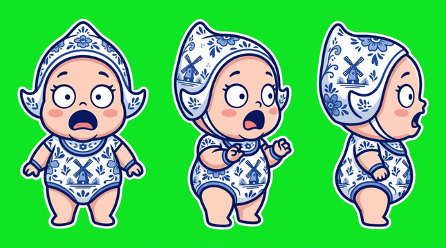 Adorable Cartoon Baby in Dutch Delft Blue Costume with Surprised Expression.