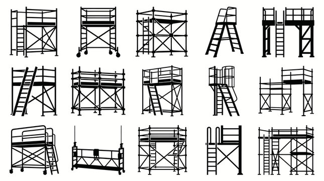 Black and White Scaffolding Icons Set, Construction Industry Vector Art