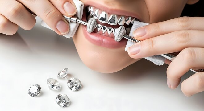 Hands fitting and polishing silver metal diamond cut dental grills on woman teeth with loose diamonds on white surface, luxury hip hop dental jewelry concept