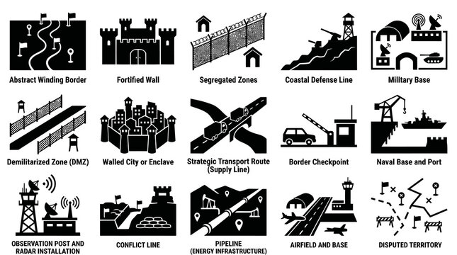 Black  White Military, Security, Border, and Geopolitical Glyph Icons Set
