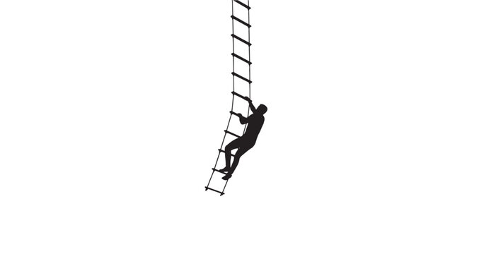 Gravity Ladder Climber Silhouette vector illustration features a determined silhouette figure diligently climbing a long rope ladder, symbolizing upward progress, personal growth.
