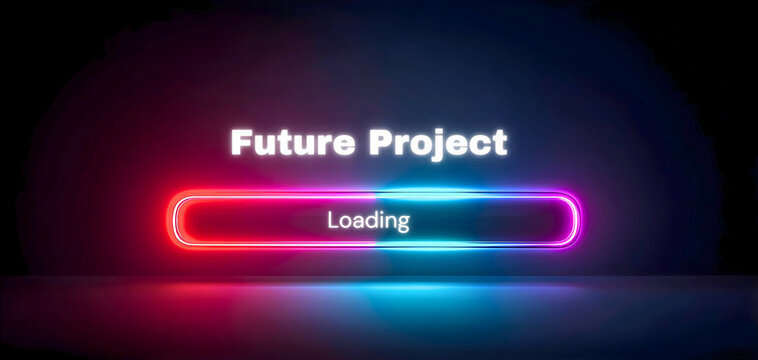 Neon loading bar with 'future project' text in dark background futuristic technology concept vibrant pink blue glow