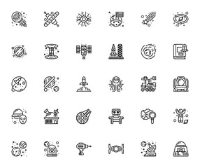 Space Exploration icon set. Vector illustration pack with spacecraft, astronaut, galaxy, Mars, rocket, satellite, UFO, black hole and more. Editable stroke. © wang