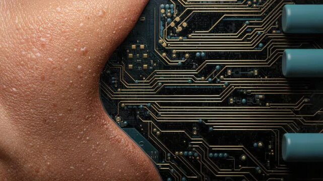 Human skin texture circuit board electronics merging tactile contrast futuristic mood close up