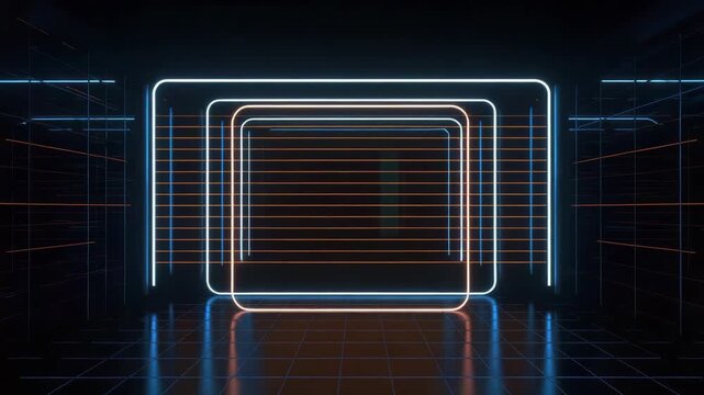 Neon tunnel with concentric glowing frames and reflective floor creating futuristic blue orange