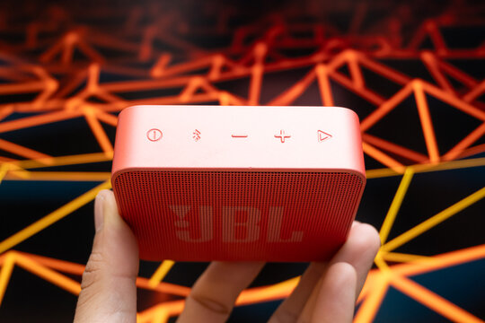 Zapopan Jalisco, Mexico, April 17, 2026: JBL Go Essential portable waterproof bluetooth speaker, speaker concept