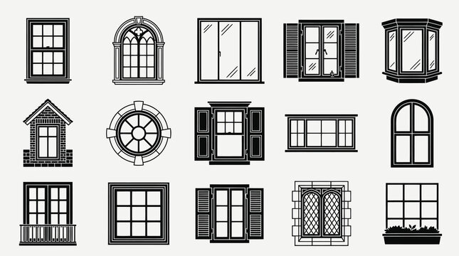 Black  White Line Art of Various Window Styles for Architectural Design