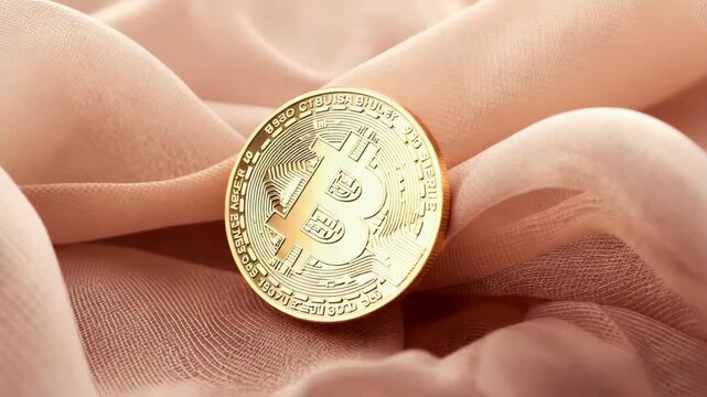 Gold bitcoin cryptocurrency coin on soft pink fabric with warm elegant lighting and texture