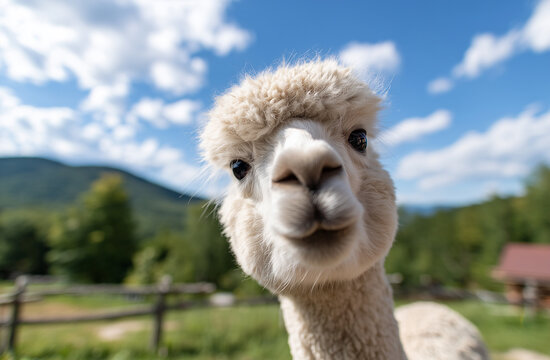 Close-up of a smiling alpaca in a rural farm setting, cute animal and travel concept