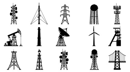 Naklejka premium Industrial Technology Energy Infrastructure Towers Black Silhouette Glyph Icons
