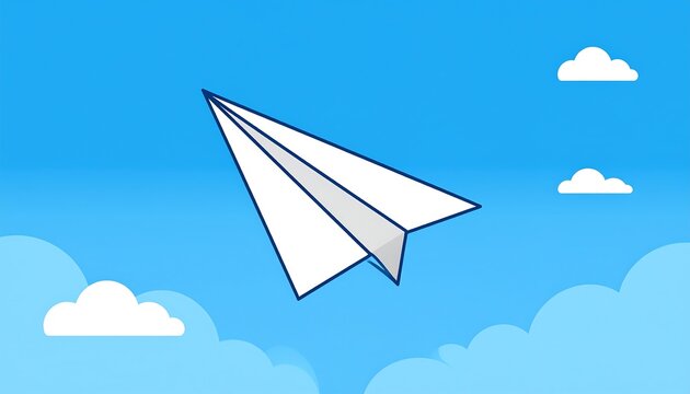 A simple, stylized paper airplane against a vibrant blue sky with clouds
