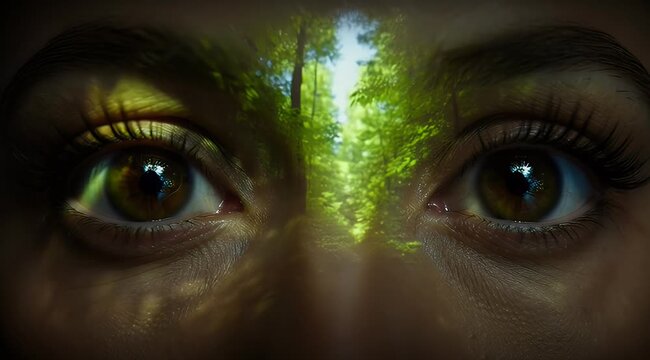 Vision of Nature: Close-up of human eyes with a vibrant forest projection, symbolizing ecological connection and inner wisdom.